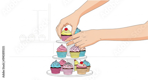 Hands Holding Colorful Cupcake Tower.