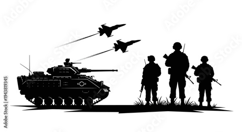 Military Silhouette: Tank, Soldiers, and Fighter Jets in Formation