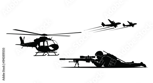 Military Sniper Aiming Rifle with Helicopter and Jets in Background - Silhouette