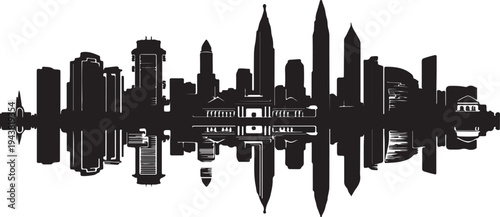 A black and white illustration of a city skyline with a musical sound wave