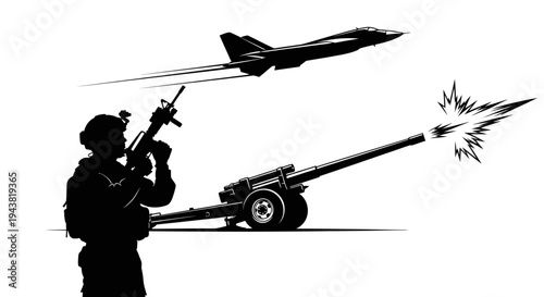 Military Soldier Aiming Rifle, Jet Fighter Flying, Cannon Firing - Black and White