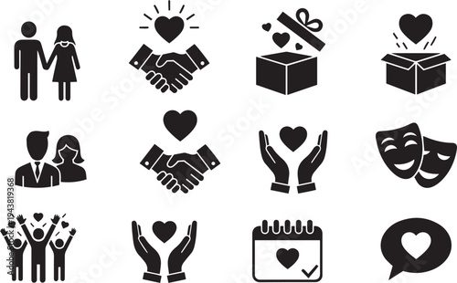Love and Celebration Icon Set with Couple, Heart Handshake, Gift Box, Caring Hands and Calendar