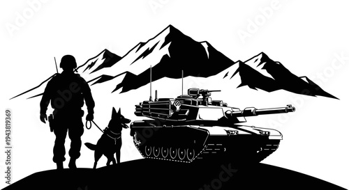 Military Soldier and Dog with Tank Silhouette against Mountains