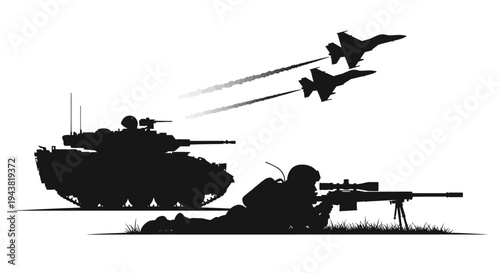 Military Silhouette: Tank, Sniper, Fighter Jets Flying