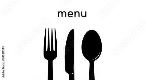 Utensils dining set with fork knife and spoon black silhouettes for menu featuring tableware, cutlery, eating with food