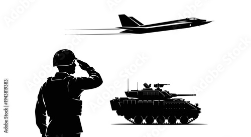Military Soldier Saluting Jet Fighter and Armored Tank Silhouette