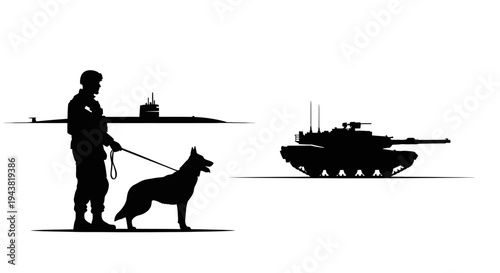 Military Soldier with Dog and Tank Silhouette