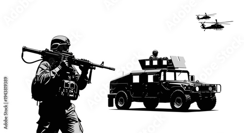 Military Soldier with Rifle and Humvee Vehicle, Helicopters in Sky