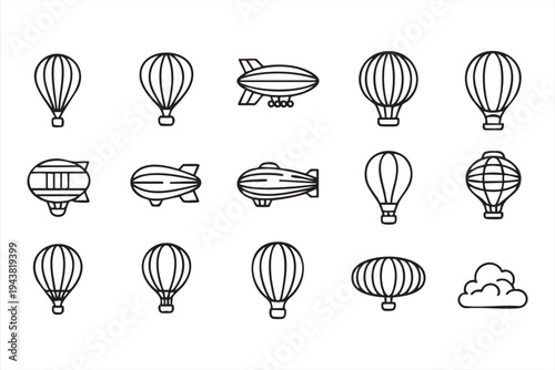 Minimal Hot Air Balloon and Airship Line Icon Set for Travel Graphics