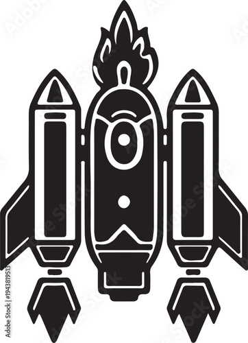 Three rockets with a central flame symbolizing launch and exploration