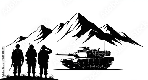 Military Soldiers and Tank Silhouette Against Majestic Mountain Landscape