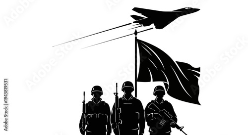 Military Soldiers and Fighter Jet Silhouette with Flag