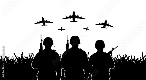 Military Soldiers and Airplanes Silhouette with Crowd