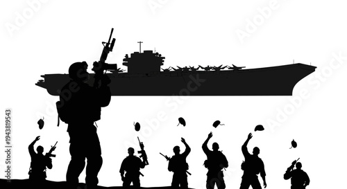 Military Soldiers Celebrate Victory Throwing Hats With Aircraft Carrier Background
