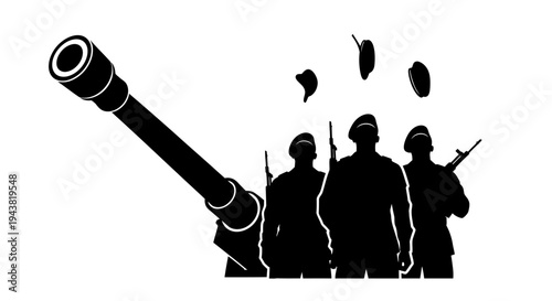 Military Soldiers with Artillery Gun and Rifles, Silhouette of Army Men