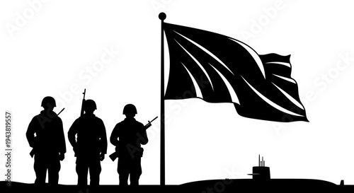 Military soldiers saluting flag with submarine silhouette, patriotic concept, national pride, freedom, defense