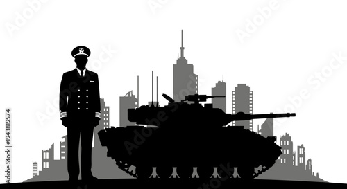 Military Tank and Officer Silhouette Against Cityscape Background