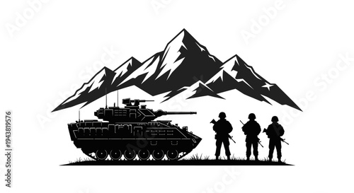 Military Tank and Soldiers Silhouette Against Mountain Landscape