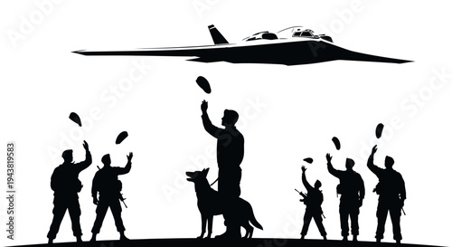 Military Team with Dog and Stealth Bomber Silhouette