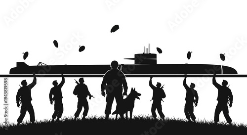 Military Team with Dog and Submarine Silhouette