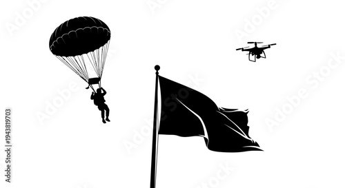 Paratrooper descending near flag, drone flying overhead, military operation, surveillance, modern warfare