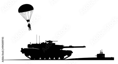 Paratrooper Descends Near Tank and Submarine Silhouette