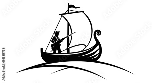 Patriot Soldier on Viking Ship Silhouette with Musket, Historical Maritime Adventure
