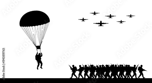 Paratrooper Descends Amidst Military Aircraft and Soldiers Marching