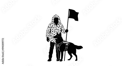 Person in camouflage jacket holding black flag with trained dog in harness, teamwork concept