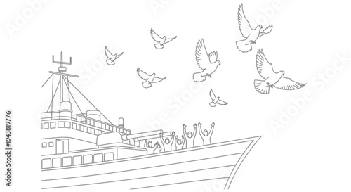 People on cruise ship deck releasing doves of peace, symbolizing freedom and hope