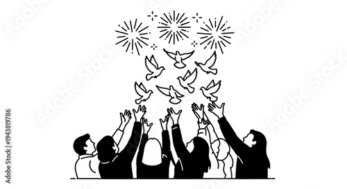 People Releasing Doves and Fireworks Symbolizing Hope, Freedom, and Celebration