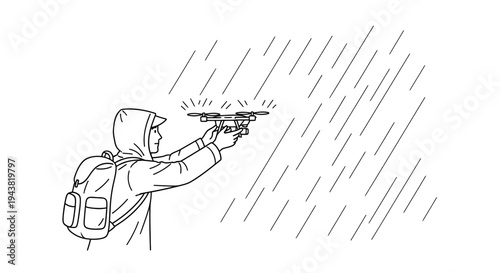 Person in rain operating drone, technology in bad weather, outdoor adventure, aerial photography