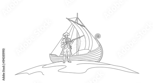 Pirate standing on island with sailing ship and rifle, historical illustration
