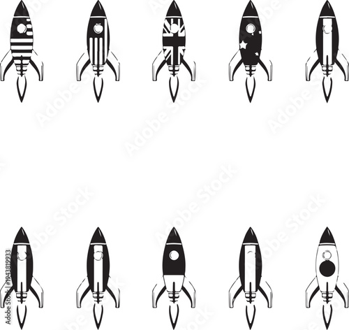 Collection of rockets with various designs and patterns on their bodies