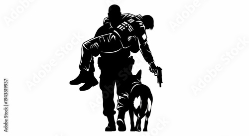Police Officer Carrying Injured Partner with K9 Unit Dog, Tactical Rescue Silhouette