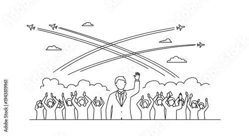 Politician Waving to Crowd with Airplanes Flying Overhead