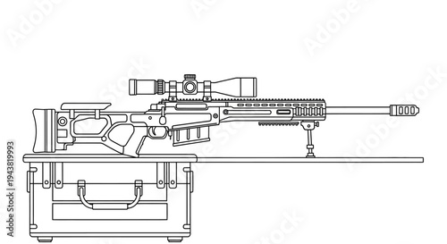 Precision Sniper Rifle with Scope and Bipod on Carrying Case - Line Art Illustration