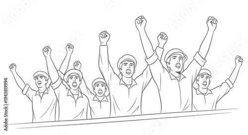 Protesting crowd with raised fists, workers' rights, social justice, demonstration, unity, revolution