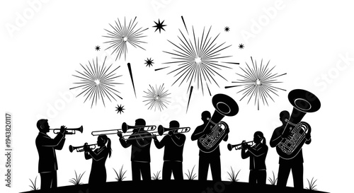 Silhouette band playing trumpets and tubas with fireworks celebration