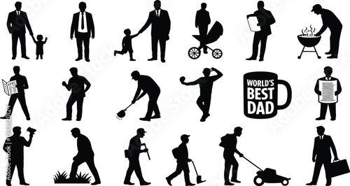 Silhouette of various fathers and dad doing different daily activities and hobbies together with family