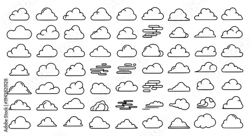 Clouds line drawn set with various puffy white shapes and black outlines for weather forecast icons featuring