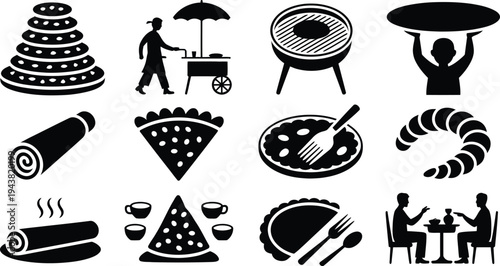Black silhouettes of various food items and people eating or serving food