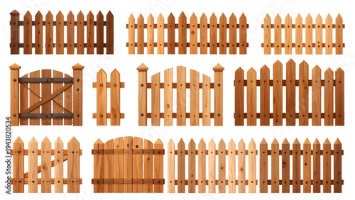 Wooden Fence and Garden Gate Vector Set with Rustic Picket Panels