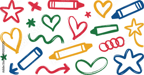 Colorful crayon drawing shapes and symbols on white background for kids graphic design
