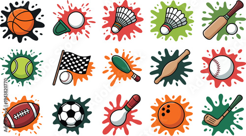Collection of sports icons with colorful paint splatters on white background