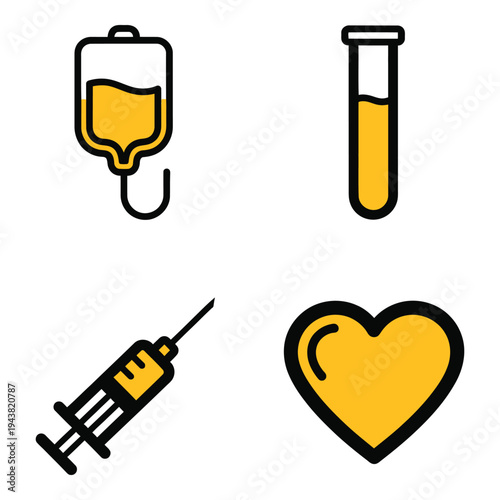 Vector art of set of medical icons including a blood bag, test tube, syringe, and heart
