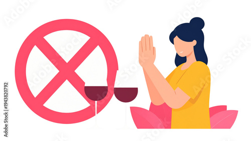 Woman Refusing Alcohol Drink with Hand Gesture – Healthy Lifestyle Vector Illustration