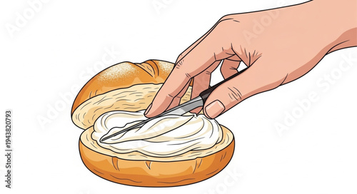 Hand spreading cream on bagel.