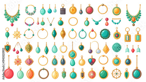 Fashion Jewelry Accessories Set with Necklaces Rings Earrings and Bracelets Vector Illustration