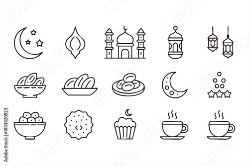 Ramadan Kareem Icon Pack Featuring Dates Lantern and Crescent Moon